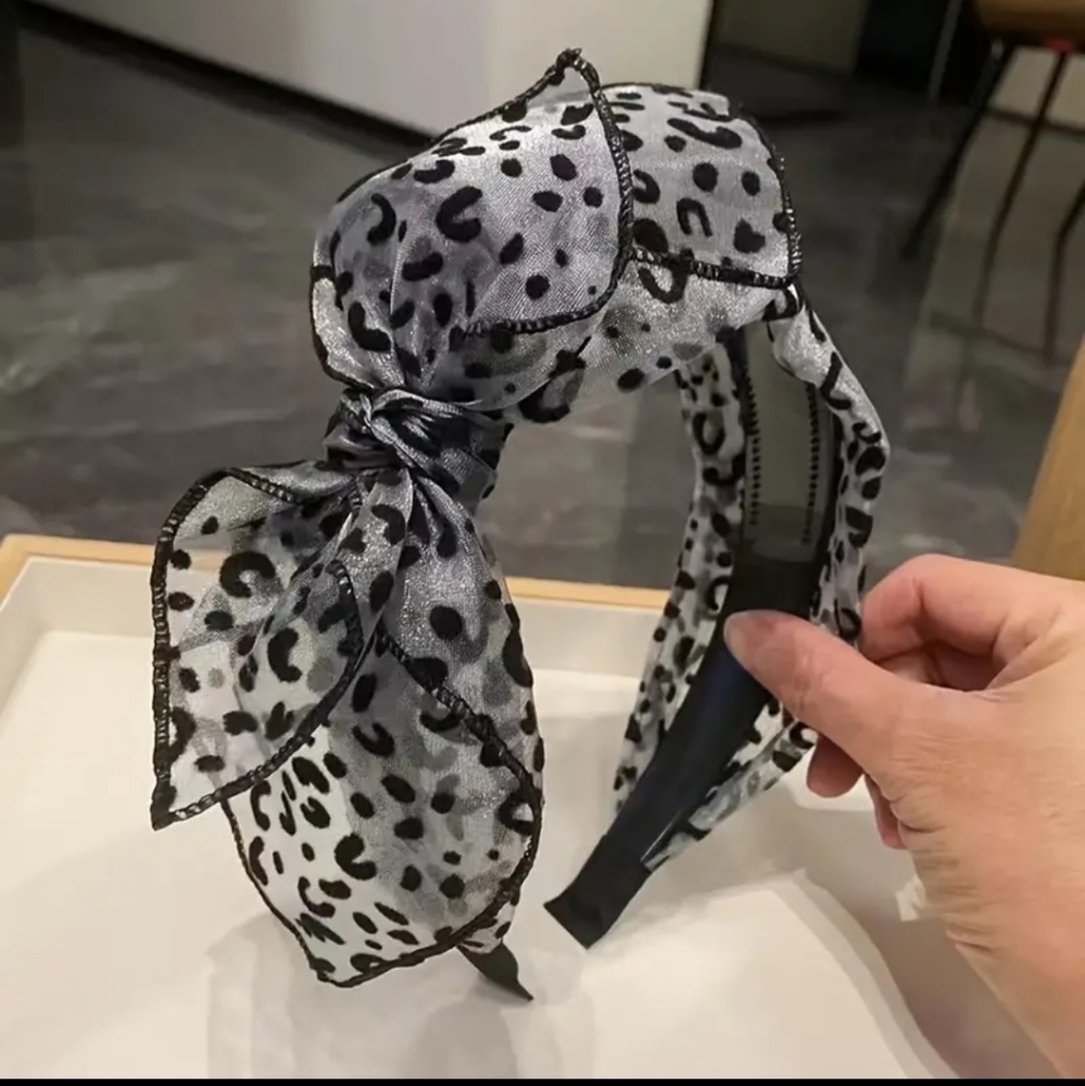 1pc Black/Silver Gray Tooth Anti-slip French Leopard Print Bow Hair Band, Retro